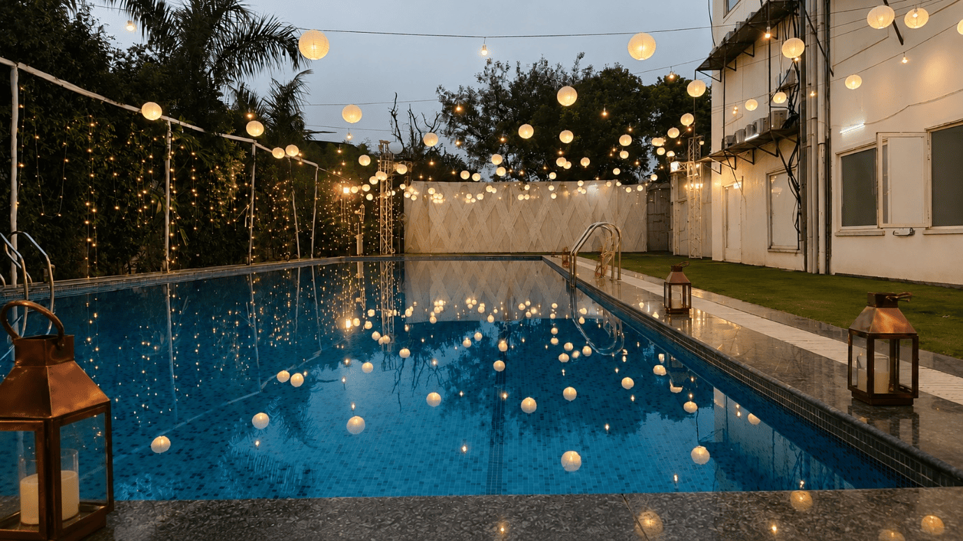 Enchanting pool garden decorated with fairy lights for evening celebrations
